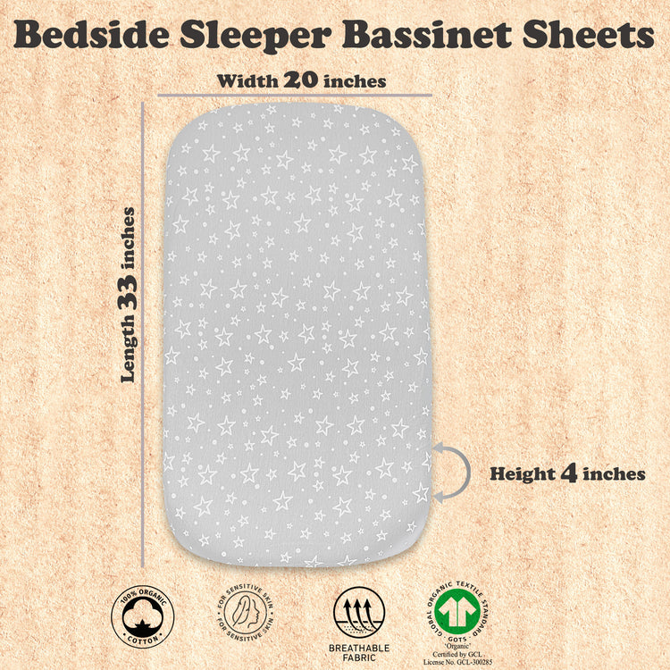 2 Pack Bedside Sleeper Bassinet Fitted Sheets, Organic Cotton, 33x20x4 Inches, Compatible with Pads Size Between 17-21 in Width, 29-33 in Length, and 1.5-4 in Thick