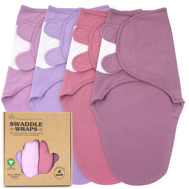 Baby Swaddle Blanket Boy Girl, Organic Cotton 4 Pack Small-Medium Size Newborn Swaddles 0-3 Month, Infant Adjustable Swaddling Sleep Sack, Maroon-Lavender