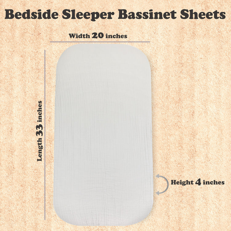 3 Pack Bedside Sleeper Bassinet Fitted Mattress Sheets, Organic Muslin Cotton, 33x20x4 Inches, Compatible with Mattress size Compatible with Pads size between 17-21” in Width, X 29-33” in Length, and 1.5-4’’ Thick