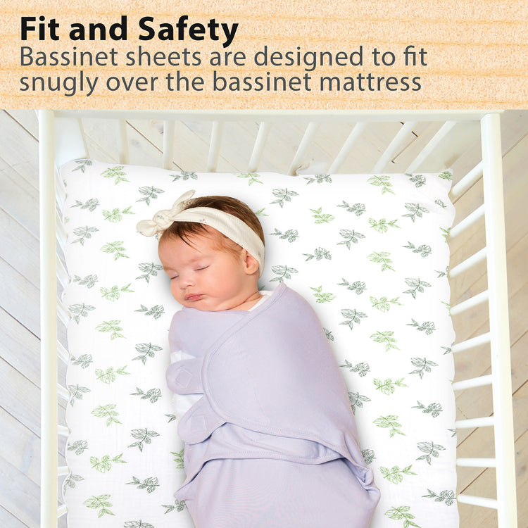 3 Pack Bedside Sleeper Bassinet Fitted Mattress Sheets, Organic Muslin Cotton, 33x20x4 Inches, Compatible with Mattress size Compatible with Pads size between 17-21” in Width, X 29-33” in Length, and 1.5-4’’