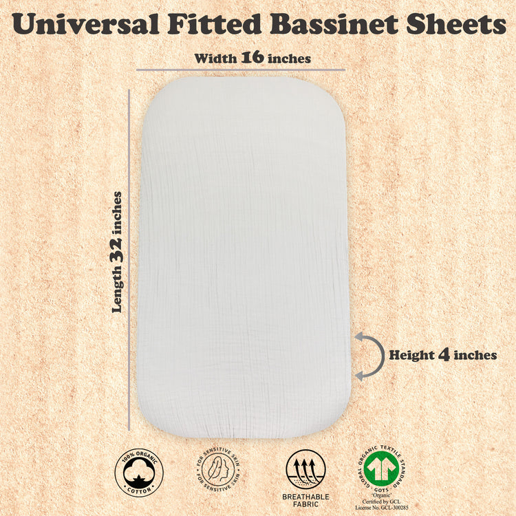 Baby Muslin Bassinet Sheet Set for Boy and Girl, 3 Pack Organic Cotton Universal Fitted Bedding Cover for Oval, Hourglass & Rectangle Bassinet Mattress, Fitted Sheets Size 32 x 16 x 4 Inches