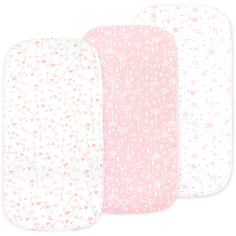 Bublo Baby Bassinet Sheet Set for Boy and Girl, 3 Pack, Universal Fitted for Oval, Hourglass & Rectangle Bassinet Mattress, Fitted Sheets Size 32 x 16 x 4 Inches, Pink in one Size