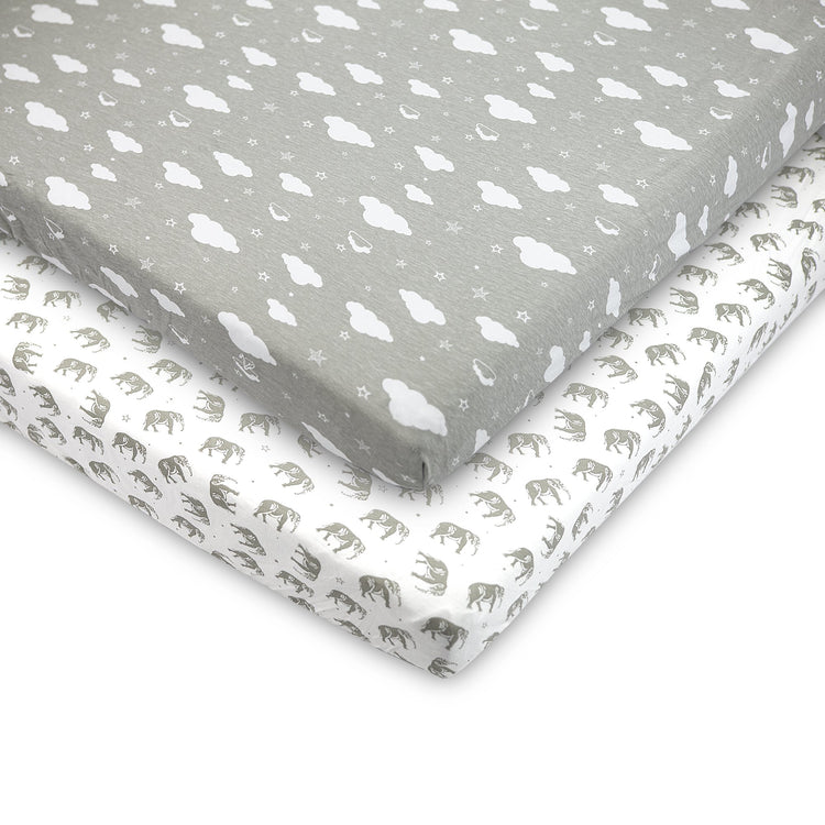 Bubo Baby Pack and Play Fitted Sheet, Portable Pack N Plays Mini Crib Sheets, 2 Pack Play Sheets, 100% Jersey Cotton Playard Sheets, Grey/White