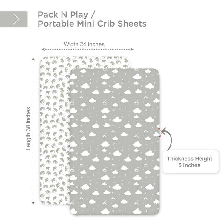 Bubo Baby Pack and Play Fitted Sheet, Portable Pack N Plays Mini Crib Sheets, 2 Pack Play Sheets, 100% Jersey Cotton Playard Sheets, Grey/White