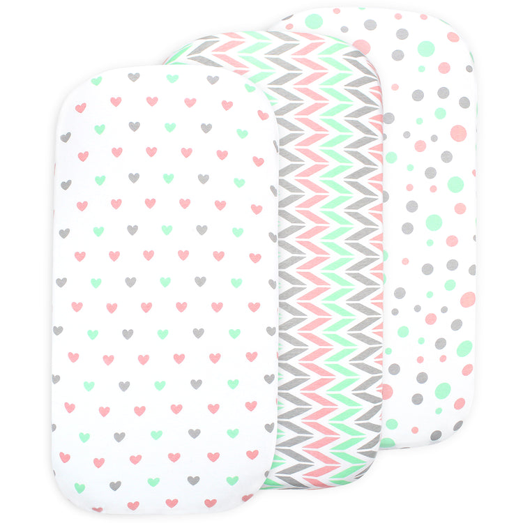 Bublo Baby Bassinet Sheet Set for Boy and Girl, 3 Pack, Universal Fitted for Oval, Hourglass & Rectangle Bassinet Mattress, Fitted Sheets Size 32 x 16 x 4 Inches, Pink Hearts