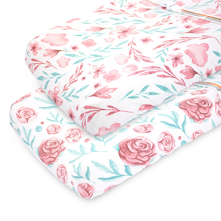 Bublo Baby Changing Pad Cover Sheets Set, 2 Pack, Universal Fitted Changing Table Covers for Boys and Girls, Comfortable Cozy Cradle Sheets, Breathable Soft Jersey Cotton, Fitted 32x15x5 Inches Pads, Floral