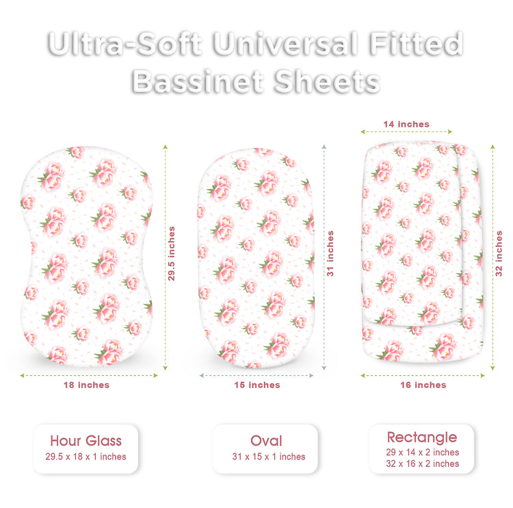 Bublo Baby Bassinet Sheet Set for Boy and Girl, 3 Pack, Universal Fitted for Oval, Hourglass & Rectangle Bassinet Mattress, Fitted Sheets Size 32 x 16 x 4 Inches, Floral