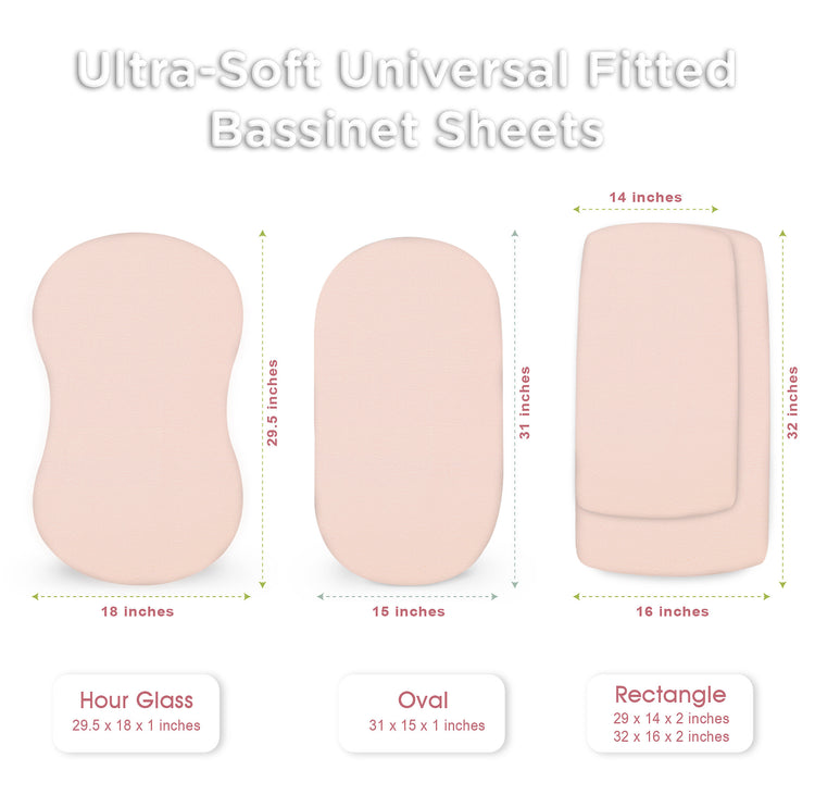 Bublo Baby Bassinet Sheet Set for Boy and Girl, 3 Pack, Universal Fitted for Oval, Hourglass & Rectangle Bassinet Mattress, Fitted Sheets Size 32 x 16 x 4 Inches, Pink