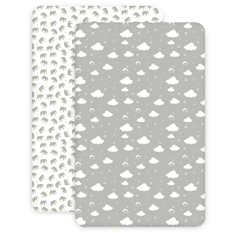 Bubo Baby Pack and Play Fitted Sheet, Portable Pack N Plays Mini Crib Sheets, 2 Pack Play Sheets, 100% Jersey Cotton Playard Sheets, Grey/White