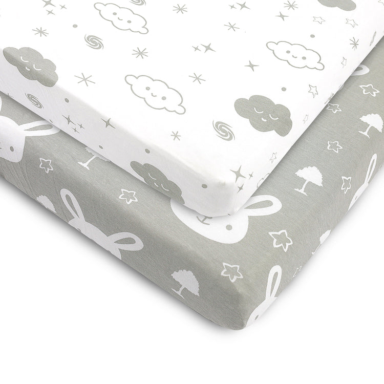 Bubo Baby Pack and Play Fitted Sheet, Portable Pack N Plays Mini Crib Sheets, 2 Pack Play Sheets, 100% Jersey Cotton Playard Sheets, Grey White