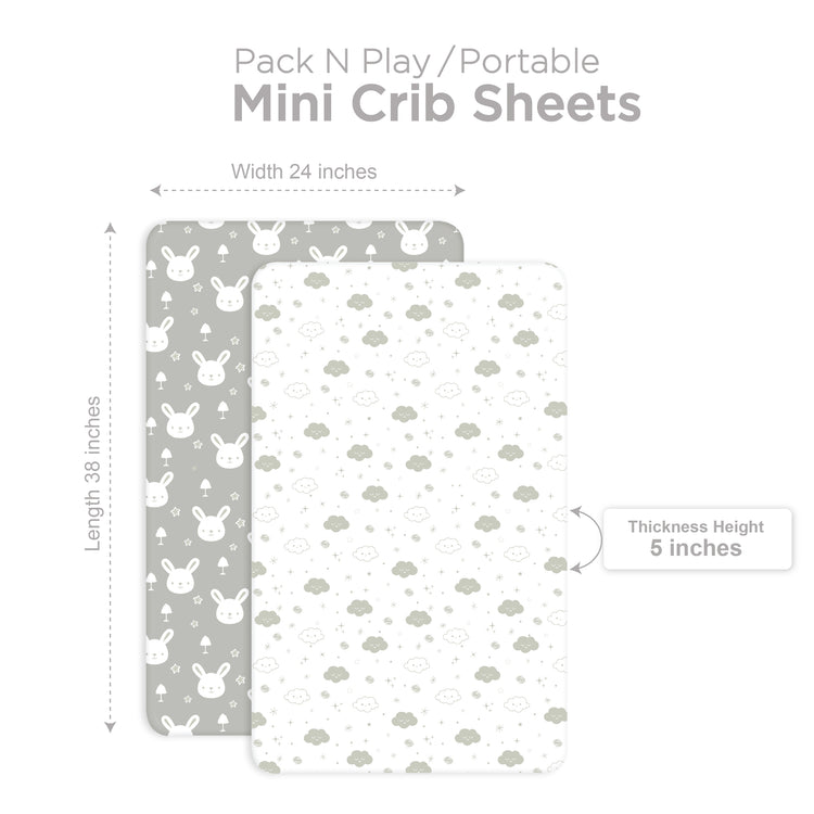 Bubo Baby Pack and Play Fitted Sheet, Portable Pack N Plays Mini Crib Sheets, 2 Pack Play Sheets, 100% Jersey Cotton Playard Sheets, Grey White