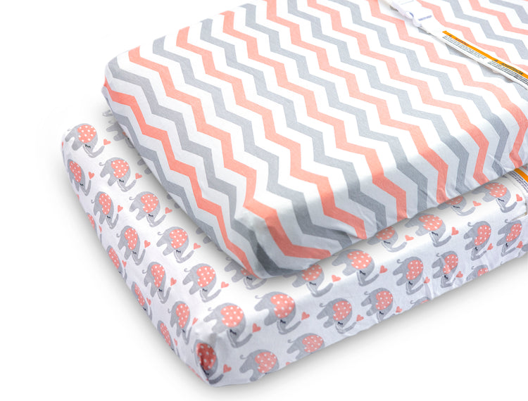 Bublo Baby Changing Pad Cover Sheets Set, 2 Pack, Universal Fitted Changing Table Covers for Boys and Girls, Comfortable Cozy Cradle Sheets, Breathable Soft Jersey Cotton, Fitted 32x15x5 Inches Pads, Coral
