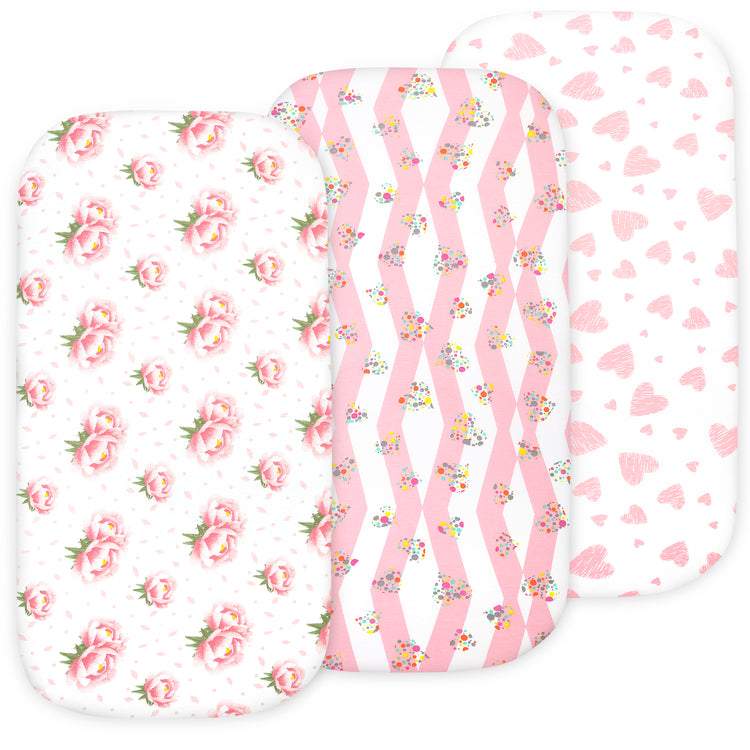Bublo Baby Bassinet Sheet Set for Boy and Girl, 3 Pack, Universal Fitted for Oval, Hourglass & Rectangle Bassinet Mattress, Fitted Sheets Size 32 x 16 x 4 Inches, Floral